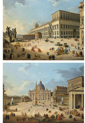 ROME, A VIEW OF ST. PETER'S BASILICA AND ST. PETER'S SQUARE IN THE VATICAN WITH AN AMBASSADORIAL PROCESSION AND FIGURES PROMENADING;ROME, A VIEW OF THE PIAZZA AND PALAZZO DEL QUIRINALE WITH AN AMBASSADORIAL PROCESSION AND OTHER FIGURES (a pair)