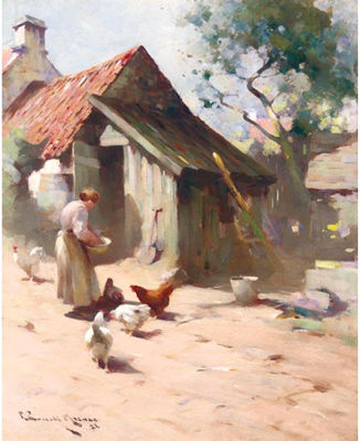 FEEDING THE HENS by Robert Russell MacNee - Auction record, sale price, and art valuation. Compare with similar artists and explore comparable artworks.