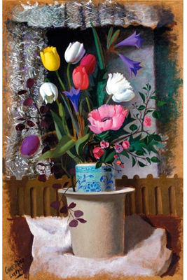 STILL LIFE WITH TULIPS, POPPIES, QUINCE AND BLUE LILIES