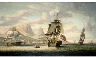 H.M.S. SOUTHAMPTON ANCHORED OFF CAPE TOWN WITH TABLE MOUNTAIN IN THE DISTANCE by Robert Dodd - Auction record, sale price, and art valuation. Compare with similar artists and explore comparable artworks.