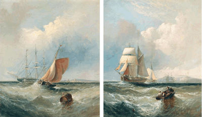 SHIPPING ROUNDING THE BUOY OFF THE COAST; AND A PILOT BOAT APPROACHING A VESSEL (a pair)