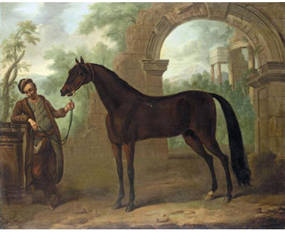 THE GREAT STALLION, THE GODOLPHIN ARABIAN, IN AN ARCHITECTURAL LANDSCAPE HELD BY A GROOM