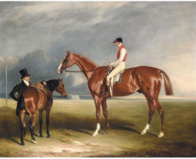VELOCIPEDE, A CHESTNUT RACEHORSE, THE PROPERTY OF WILLIAM ARMITAGE, WITH WILLIAM SCOTT UP AND TRAINER JOHN SCOTT