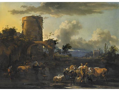 AN EVENING LANDSCAPE WITH DROVERS AND THEIR ANIMALS BY A RIVER