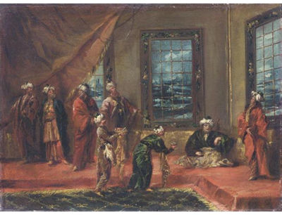 THE SULTAN BEING BROUGHT FOOD AND DRINK by Giovanni Antonio Guardi - Auction record, sale price, and art valuation. Compare with similar artists and explore comparable artworks.
