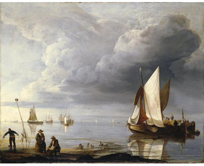 SMALL DUTCH VESSELS IN A CALM, MEN COLLECTING MUSSELS ON THE SHORE