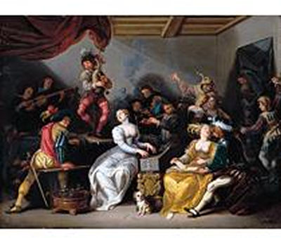 AN ALLEGORY OF THE FIVE SENSES: A MERRY COMPANY IN AN INTERIOR by Simon De Vos - Auction record, sale price, and art valuation. Compare with similar artists and explore comparable artworks.