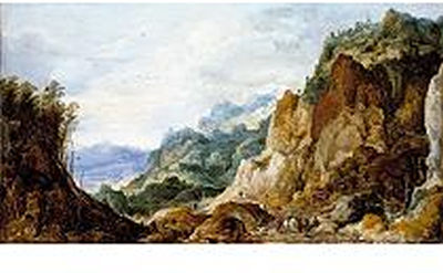 A PANORAMIC MOUNTAINOUS LANDSCAPE WITH JOURNEYMEN GIVING TO THE POOR, PACKHORSES BEYOND