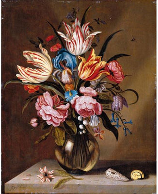 A STILL LIFE OF PINK ROSES, STRIPED TULIPS, A BLUE IRIS, A STRIPED ANEMONE, FRITALLARY, LILY OF THE VALLEY, COLUMBINE AND BLUEBELLS IN A GLASS VASE ON A STONE LEDGE, WITH TWO SHELLS