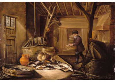 A FISHERMAN IN HIS COTTAGE, WITH HIS CATCH OF FRESH-WATER FISH
