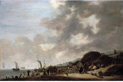A COASTAL SCENE WITH FISHERMEN UNLOADING THEIR CATCH ONTO THE BEACH