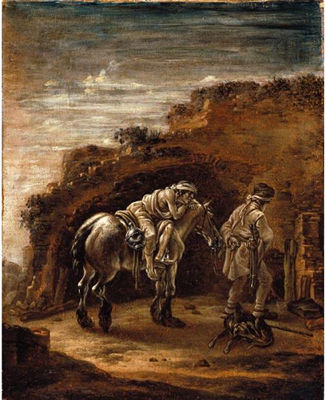 THE GOOD SAMARITAN, OR A TRAVELLER RESTING ON HIS HORSE IN A LANDSCAPE, EN GRISAILLE