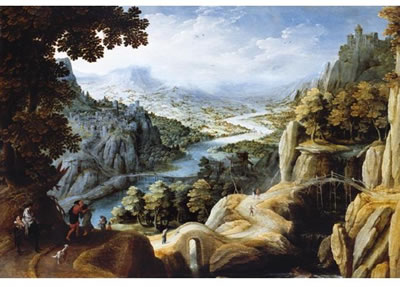 AN EXTENSIVE MOUNTAINOUS RIVER LANDSCAPE WITH THE RECONCILIATION OF JACOB AND LABAN, A FORTIFIED TOWN ON A CLIFF-TOP BEYOND