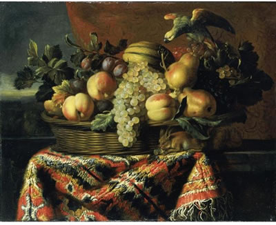 STILL LIFE OF PEACHES, PLUMS, GRAPES AND PEARS IN A BASKET, TOGETHER WITH A PARROT AND A SQUIRREL, ALL RESTING ON A LEDGE DRAPED WITH A CARPET