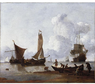 FISHERMEN UNLOADING THEIR CATCH ON THE SHORE, MOORED FISHING BOATS AND DUTCH MEN-O'-WAR AT ANCHOR BEYOND