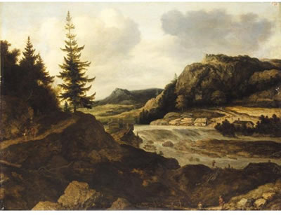 A MOUNTAINOUS RIVER LANDSCAPE WITH TRAVELLERS, A HERDER AND SHEEP IN THE FOREGROUND, A MILL ON THE FAR RIVER-BANK