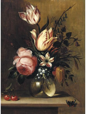 A STILL LIFE WITH TULIPS, A PINK ROSE AND OTHER FLOWERS IN A VASE, TOGETHER WITH CHERRIES ON A WOODEN LEDGE AND A BUTTERFLY