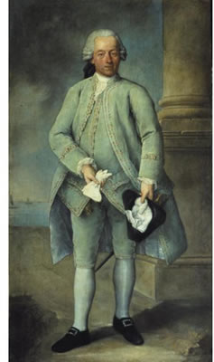 PORTRAIT OF A GENTLEMAN, FULL-LENGTH STANDING, WEARING A POWDER-BLUE COSTUME AND HOLDING A TRICORN HAT AND GLOVES, THE VENETIAN LAGOON BEYOND by Alessandro Longhi - Auction record, sale price, and art valuation. Compare with similar artists and explore comparable artworks.