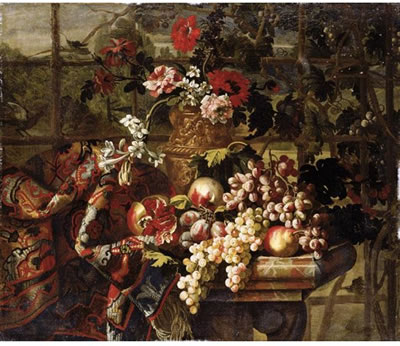STILL LIFE OF VARIOUS FLOWERS IN A BRONZE URN, TOGETHER WITH POMEGRANATES, GRAPES, PEARS AND PLUMS ON A MARBLE TABLE DRAPED WITH A CARPET