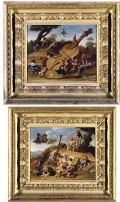 GROTESQUE FIGURES PLAYING OVER-SIZED MUSICAL INSTRUMENTS IN LANDSCAPES (pair)