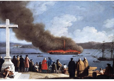 THE BURNING OF A SHIP ON THE RIVER TAGUS, LISBON, WITH ONLOOKERS IN THE FOREGROUND, THE CASTLE OF SAO JORGE BEYOND