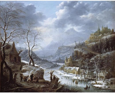A MOUNTAINOUS WINTER LANDSCAPE WITH SKATERS ON A FROZEN LAKE