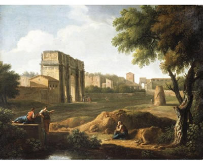 ROME, A VIEW OF THE FORUM WITH THE ARCH OF CONSTANTINE AND THE ARCH OF TITUS BEYOND