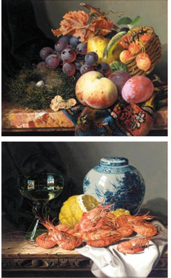 STILL LIFE WITH PRAWNS, A LEMON, WINE GLASS AND DELFT POT; STILL LIFE WITH PEACHES, PLUMS, CHERRIES, GRAPES A PEAR AND A BIRD'S NEST (pair)