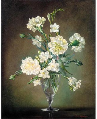 STILL LIFE WITH WHITE CARNATIONS AND FREESIAS