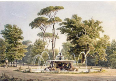 VIEW OF AN ELABORATE FOUNTAIN IN THE GARDEN OF THE VILLA BORGHESE