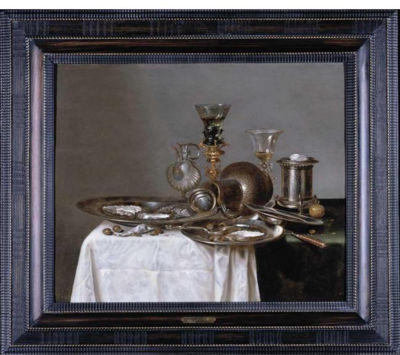 A STILL LIFE WITH A ROEMER, A WINE GLASS, AN ICE BUCKET, THREE PEWTER DISHES AND OTHER OBJECTS, ALL ARRANGED ON A PARTLY DRAPED TABLE