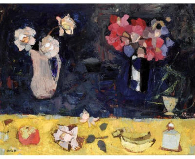 STILL LIFE WITH FRUIT, WHITE ROSES AND SWEET PEAS by Denis Peploe - Auction record, sale price, and art valuation. Compare with similar artists and explore comparable artworks.