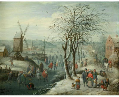 A WINTER LANDSCAPE WITH SKATERS ON A FROZEN RIVER, A VILLAGE AND WINDMILL BEYOND