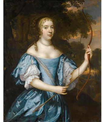 PORTRAIT OF A LADY AS DIANA, THREE-QUARTER LENGTH, WEARING A BLUE SILK DRESS AND A PEARL NECKLACE, AND HOLDING A BOW AND ARROW