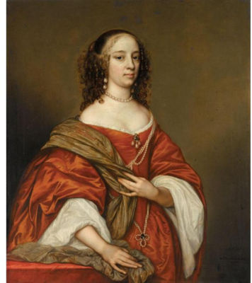 PORTRAIT OF A LADY, THREE-QUARTER LENGTH, WEARING PEARLS AND AN ORANGE DRESS