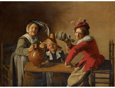 AN INTERIOR WITH CHILDREN DRINKING AND MISCHIEF-MAKING