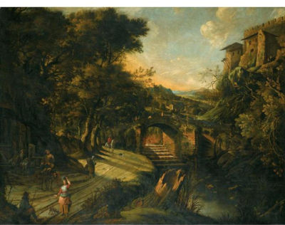 AN ITALIANATE RIVER LANDSCAPE, WITH FIGURES ON A ROAD BESIDE A FOUNTAIN, A BRIDGE BEYOND