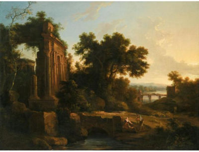 AN ITALIANATE LANDSCAPE WITH CLASSICAL RUINS AND FIGURES CONVERSING BY A BRIDGE by Pierre-Antoine (The Younger) Patel - Auction record, sale price, and art valuation. Compare with similar artists and explore comparable artworks.