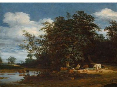 AN EXTENSIVE WOODED RIVER LANDSCAPE WITH CATTLE AND SHEEP