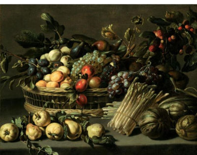A STILL LIFE WITH APRICOTS, PLUMS, FIGS, PEACHES AND GRAPES IN A BASKET ON A STONE LEDGE, TOGETHER WITH PEARS, SQUASH AND ASPARAGUS