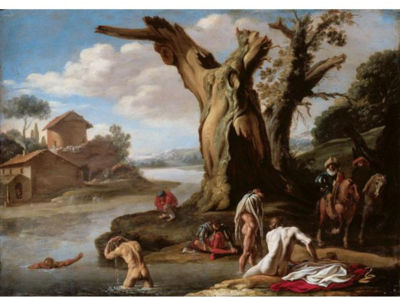 A RIVER LANDSCAPE WITH HORSEMEN AND FIGURES BATHING IN THE FOREGROUND by Filippo Napoletano - Auction record, sale price, and art valuation. Compare with similar artists and explore comparable artworks.