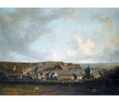 VIEW OF THE CITADEL AND TOWN OF LE PALAIS BELLEISLE WITH THE BRITISH FLEET IN THE DISTANCE