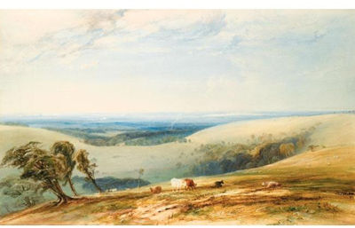 BOW HILL ON THE SUSSEX DOWNS, CHICHESTER AND THE ISLE OF WIGHT BEYOND by George Arthur Fripp - Auction record, sale price, and art valuation. Compare with similar artists and explore comparable artworks.