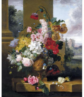 STILL LIFE WITH TULIPS, ROSES AND LILY OF THE VALLEY WITH A CABBAGE-WHITE BUTTERFLY IN AN URN ON A MARBLE LEDGE