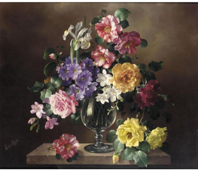 STILL LIFE WITH ROSES, CAMELIAS AND A WHITE IRIS