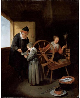 INTERIOR WITH A SCHOOL MASTER TEACHING A YOUNG GIRL TO READ, ANOTHER GIRL SEATED AT A SPINNING WHEEL by Quiringh Gerritsz Brekelenkam - Auction record, sale price, and art valuation. Compare with similar artists and explore comparable artworks.