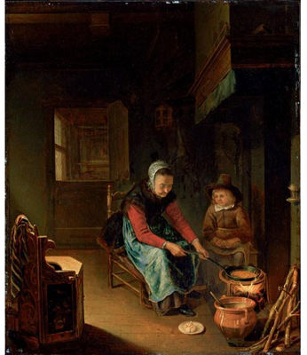 AN INTERIOR WITH A WOMAN COOKING PANCAKES WITH A YOUNG BOY BEFORE A HEARTH by Pieter Cornelisz van Slingelandt - Auction record, sale price, and art valuation. Compare with similar artists and explore comparable artworks.