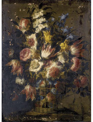 STILL LIFE OF FLOWERS IN A WICKER BASKET