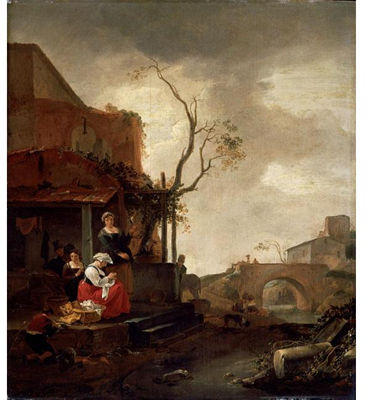 A VILLAGE SCENE WITH WOMEN SEWING AND A BOY PEELING VEGETABLES AT THE ENTRANCE TO A COTTAGE, DROVERS CROSSING A BRIDGE BEYOND
