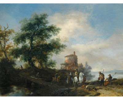 A RIVER LANDSCAPE WITH A GENTLEMAN AND LADY RIDING TO THE CHASE, WITH A PILGRIM ASKING FOR ALMS IN THE FOREGROUND, OTHER MEMBERS OF THE HUNTING PARTY CROSSING A WOODEN BRIDGE, A TOWER BEYOND